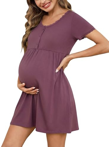 Demegimi Stillnachthemd Damen Kurzarm Baumwolle Geburtskleid Umstandskleid Spitze Umstandsnachthemd mit Knopfleiste Geburt Knöpfen Schlafshirt
