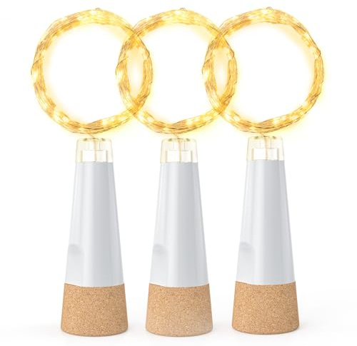 KOBWA Flaschenlichter mit Korken, USB Wiederaufladbares Weinflaschenlicht, 20 LED Lichterkette 2m Kupferdraht, Warmweiß, 3er-Pack, Innen und Außen, für Weihnachtsdekorationen