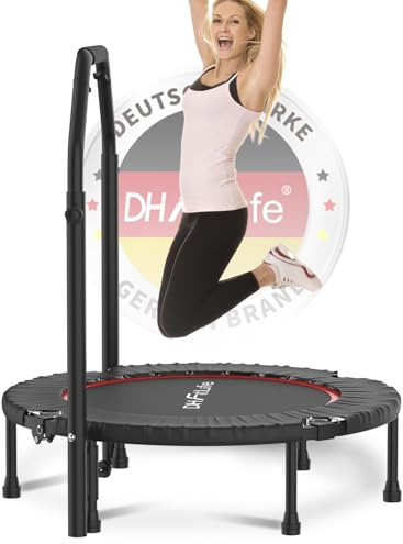 DH FitLife Fitness Indoor Trampolin klappbar ohne Installation | Ø102cm 40 Zoll Mini Trampoline | Tragfähigkeit 150 KG | 4 verstellbare Handgriffstufen | Stabiler und leiser