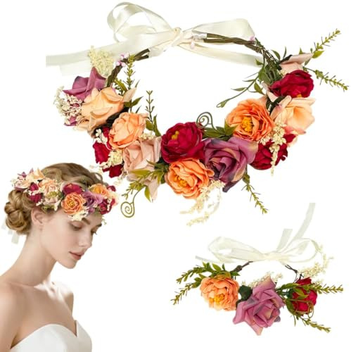 HuaMuDM Blumenkrone, Braut-Haaraccessoires mit Armband-Set | Inkl. 1 Blumen-Armband, geeignet für Geburtstage, Brautjungfern, Hochzeiten, Strandpartys und Fotografie