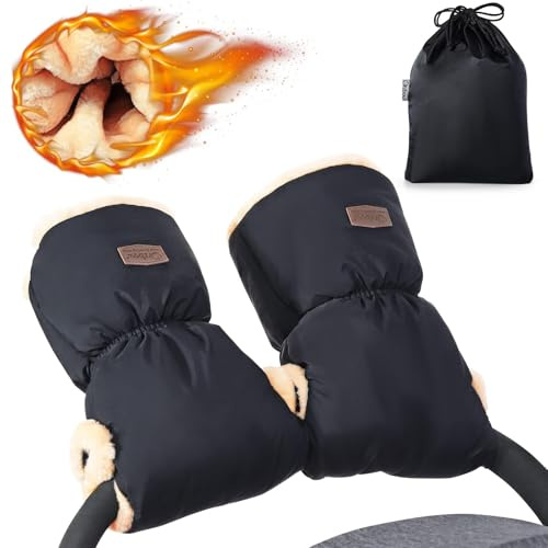 Orzbow Handwärmer Kinderwagen, Wasserdicht Künstliche Lammfell Handschuhe Kinderwagen mit Tasche, Winddicht Handmuff für Buggy, Winter Geschenk für Neue Eltern (Schwarz)