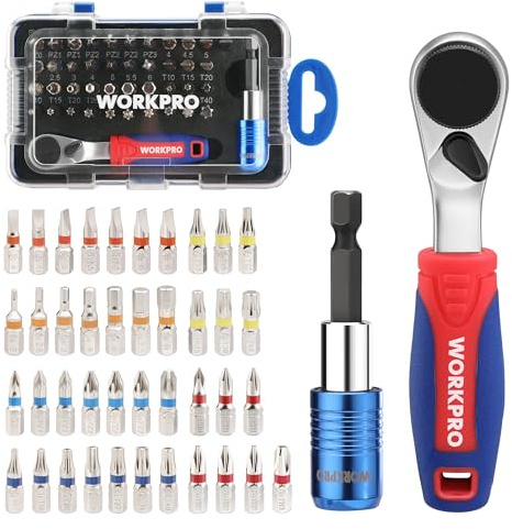 WORKPRO Schrauberbit Set 43tlg. mit Mini-Umschaltknarre 1/4 Antrieb,Umschaltbare Ratsche 60 Zähne, Schrauberbit Satz mit Ratsche und Schnellwechselbithalter für Gadgets, Autos, Häuser, Maschinen