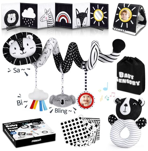 Joyreal Kinderwagen Spielzeug - Schwarz Weiss Spielzeug Stoffbuch, Kontrastbuch Baby, Kontrastkarten Baby, Sensorik Kontrast Spielzeug, Neugeborenen