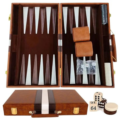 Nzkeuf Backgammon Koffer Holz, 11 Klassisches Backgammon Set mit Hochwertiger Ledertasche Tragbares und mit Würfelbecher, Back Gammon Spiel für Erwachsene Kinder