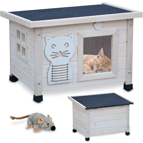 zooprinz Holz Katzenhaus – Katzenkiste mit Schwingtür, Natur | Katzenbox mit Dach zum Öffnen, Fenster, Sisalband und Schwingtür – wetterfeste Hütte für Garten, Balkon, innen & draußen