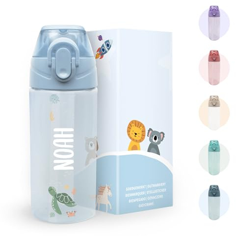 gutmarkiert Kindertrinkflasche personalisiert - BPA-frei 450 ml Hellblau | Auslaufsichere Flasche mit Strohhalm und Namen - spülmaschinenfest - robust - für Jungen und Mädchen - Motiv nach Wahl