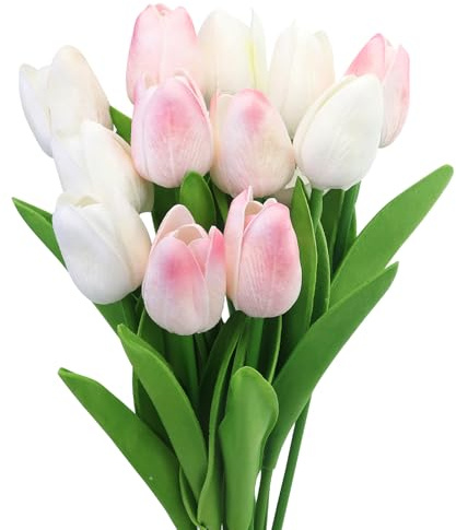 Set mit 12 künstlichen Tulpen mit 2 Farben, künstliche Blumen, Tulpen aus Latex, Real Touch, für Party, Haus, Hochzeitsdekoration und DIY-Dekoration (Weiß & Rosa)