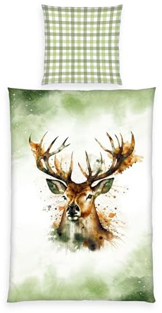 Herding Home Edition Flanell-Bettwäsche-Set, Hirsch, Kopfkissenbezug 70 x 90 cm, Bettbezug 140 x 200 cm, Mit Knopfleiste, 100% Baumwolle/Flanell