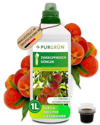 Purgrün® Bio-Zwergpfirsich-Dünger 1 Liter – Organische Rezeptur – Premium-Flüssigdünger – NPK 4+1+7 – Mit Algenextrakt & Vinasse – Extra Kalium für saftige Pfirsiche – Ohne tierische Inhaltsstoffe