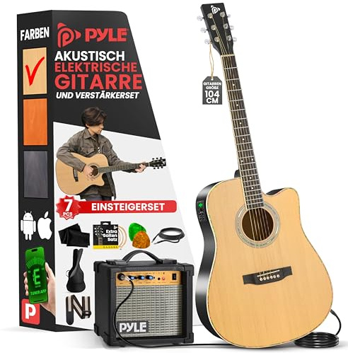 Pyle Elektroakustik Gitarre 4/4 Komplettset für Anfänger – Westerngitarre mit Tonabnehmer, 10W Verstärker, Tasche, Stimmgerät, Gurt & Ersatzsaiten – Akustik E-Gitarre Reisegitarre