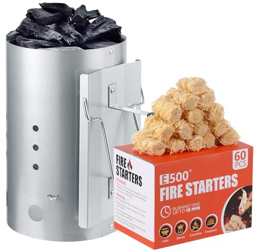 E500 Größerer Holzkohle-Kaminanzünder mit 60 Holzkohlestarter, Kohle-Kaminanzünder für Grill, Grill-Feuerstarter-Set