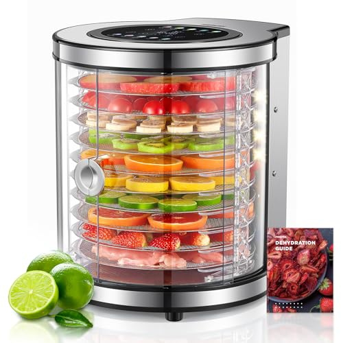 Dörrautomat Edelstahl mit 10 Etagen, Rotierender Dörrer mit 9 Programmen & LCD-Display, 35-75°C Temperaturregler & 48H Timer, Geräuscharmer 850W Fleischtrockner, Überhitzungsschutz