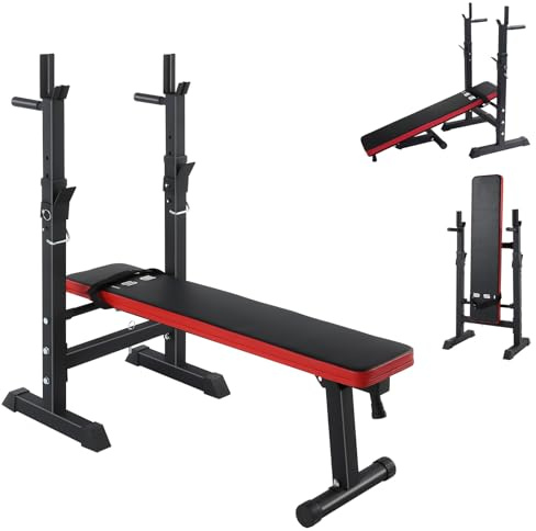 ISE Hantelbank Drückerbank Trainingsbank mit 5 Stufen Verstellbarer Ablage 91-110cm und Dip-Griffen Fitnessgerät Hantelbank Bankdrücken Klappbar Bankdrücken Bank Fitness Bank Klappbar Hantel Ständer