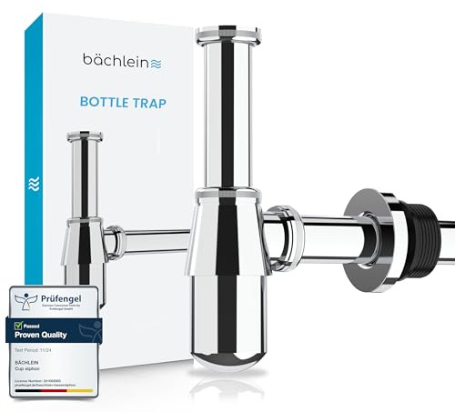 Bächlein Tassensiphon Universal für Waschbecken & Waschtisch (Chrom), Geruchsverschluss mit Reinigungsöffnung + Einbauanleitung - Designsiphon Ablaufgarnitur Flaschensiphon