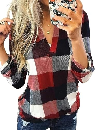 Cuptacc Top Damen Herbst Kariert 2025 Trend V-Ausschnitt Elegant 3/4 Ärmel Frauen Bluse Rot Groß L 42-44