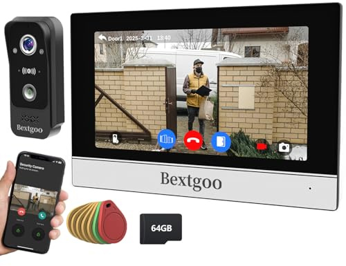 Bextgoo 2K Video-Türsprechanlage mit Türöffner, 64GB Speicherkarte, Türklingel mit Kamera WLAN mit 7 Farb-Touchscreen/App/Carta RFID Entsperren, 170°-Ansicht, Intelligente Erkennung, IP66