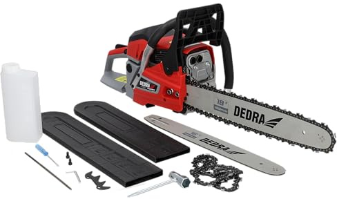 Benzin-Kettensäge 2,4 kW 58 cm³, bis 12000 U/Min DEDRA mit zwei Führungsschienen: 18 (45 cm) und 16 (40 cm), Zweitakt-Einzylinder, luftgekühlt, 25 m/s Kettengeschwindigkeit