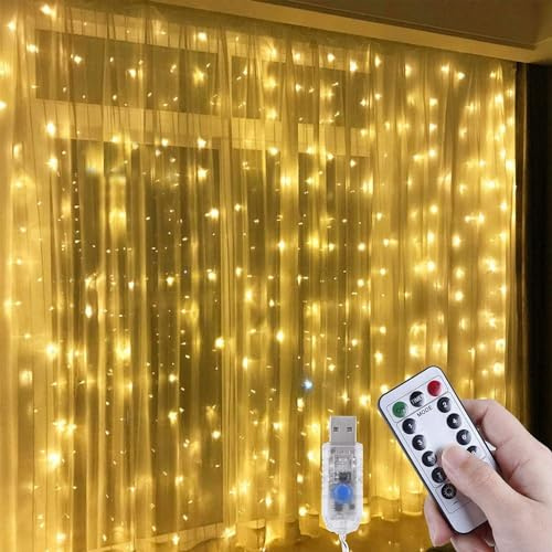 Anpro LED USB Lichtervorhang 3m x 3m, 300 LEDs USB Lichterkettenvorhang mit 8 Lichtmodelle für Partydekoration deko schlafzimmer, Warmweiß, Innenbeleuchtung