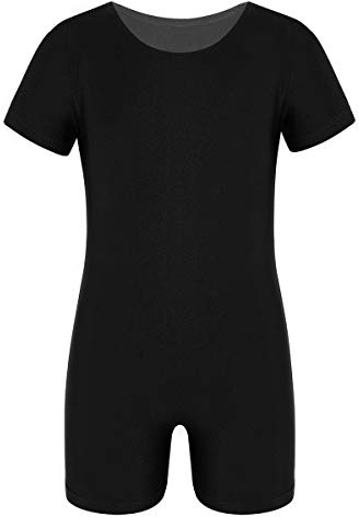 inlzdz Unisex Kinder Kurzarm Turnanzug Jungen Mädchen Gymnastikanzug Ballett Trikot Leotard Tanzbody mit Shorts Gymnastikbody Gr.104-164 Schwarz 140