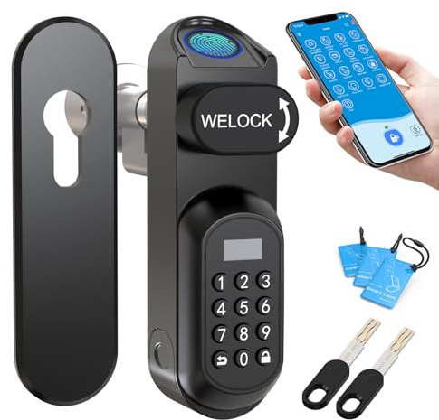 WELOCK U81 Smartes Türschloss Ultra mit Fingerabdruck Passwort WLAN App und RFID Karte Ersatzteil Mechanischer Schlüssel, Elektronisches Türschloss Haustür, Verstellbarer für 50-90mm EU-Profiltür