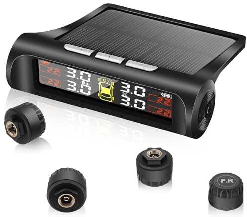 Geloo TPMS Reifendruck-Kontrollsystem Wireless mit 4 externen Sensoren | Solar Monitor Universal mit 5 Alarm Modus, Druckbereich 0-5 bar für RV Van SUV Wohnmobil Auto