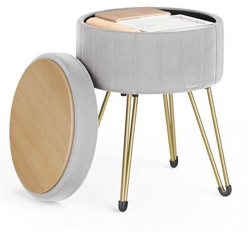 SONGMICS Runder Sitzhocker, Hocker mit Stauraum, Samt Schminktisch Hocker, 39 cm d, 44,4 cm H, 4 Metallbeine, für Ankleidezimmer, Wohnzimmer, Schlafzimmer, Taubengrau LOM003G02