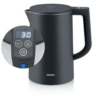 SEVERIN Cool-Touch Wasserkocher, doppelwandiger Wasserkocher, farbige LED-Temperatur-Rückmeldung im Griff, mit Warmhaltefunktion und Abschaltautomatik, schwarz, 1,7 L Kapazität, 2.200 W, WK 3484