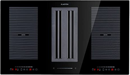 Klarstein Full House DownAir Induktions-Kochfeld mit Kochfeldabzug - Dunstabzugshaube, Tischhaube, Einbau, Autark, 90cm, 4 Zonen, Flexzonen mit Booster, 7110 W, Graphitschwarz