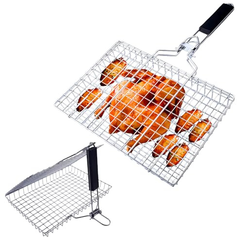Holzsammlung Grillkorb Fischbräter, Gemüsekorb Burger Grillwender, Grillrost Grill Basket mit Holzgriff, Gartenparty Fischbräter für Fisch, Gemüse, Fleisch #08