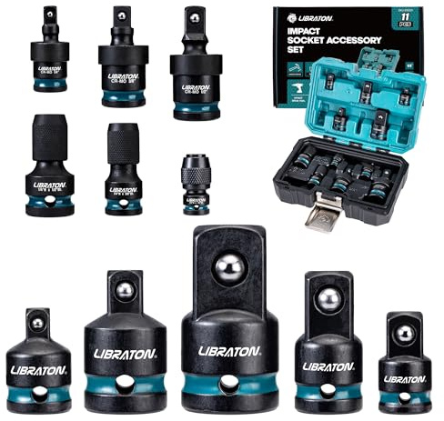LIBRATON 11-tlg Schlag-Steckschlüssel-Adapter- und Reduzierset, Stecknuss Adapter, kraft-kugelgelenk, Vierkant-auf-1/4-Sechskant-Konverter, Schlagschrauber-Adapter für Autoreparatur, Aufbewahrungsbox