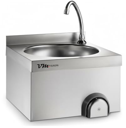 VM Europa - Edelstahl-Handwaschbecken mit Kniebedienung - Integrierter Wasserhahn für Warm- & Kaltwasser - Profi-Qualität für Gastronomie & Gewerbe - Komplettset - Waschbecken mit Mischbaterie