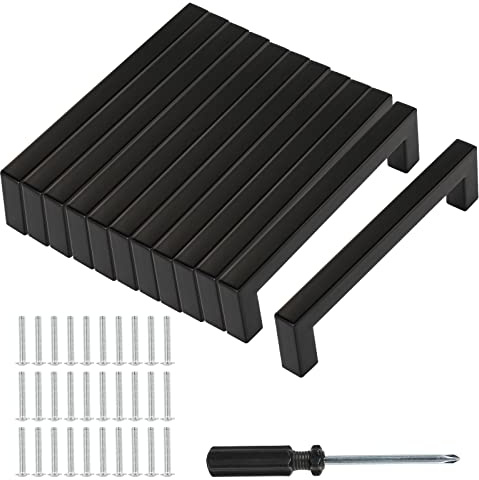 Baoweihua 12 Stück Türgriffe Küche Schwarz mit Lochabstand 128mm, Schrankgriffe mit Schrauben und Installationswerkzeugen, Geeignet für Möbel, Küche und Wohndekoration