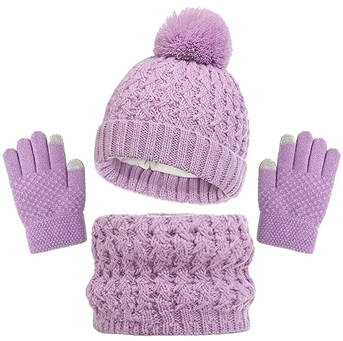 Baynetin Kinder Wintermütze Schal Handschuhe Set, 3 Stück Mädchen Warme Pompom Beanie Hut Touchscreen Handschuhe Runder Schal Set mit Fleece Gefüttert für Jungen Mädchen 2-8 Jahre (Lila)