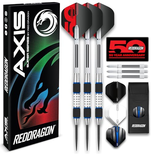 RED DRAGON Darts – Axis Blau Series 24g – 85% Wolfram - Profi Satz Dartpfeile Metallspitze mit Dart Flüge und Schäften