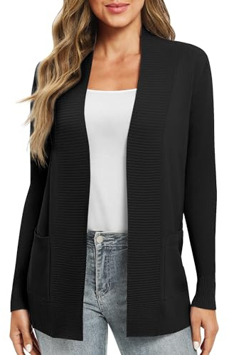 EXCHIC Leicht Damen Lange Ärmel V-Ausschnitt Lange Gestrickt Cardigan Gemütlich Offene Front Strickjacke mit Taschen