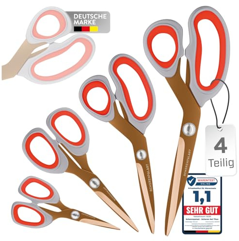 Scheren Set 4-teilig, kupferro, titanbeschichtet – 23,5/20,5/17,5/13,5 cm – Premium Haushaltsschere & Stoffschere, Profi Schneiderschere, Nähzubehör & Bastelschere