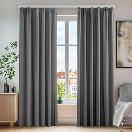 Deconovo Vorhänge mit Kräuselband Verdunkelung Fenstervorhang Gardinen Vorhang kälteschutz Sonnenschutz, 245x140 cm(HöhexBreite), Hellgrau, 2er Set