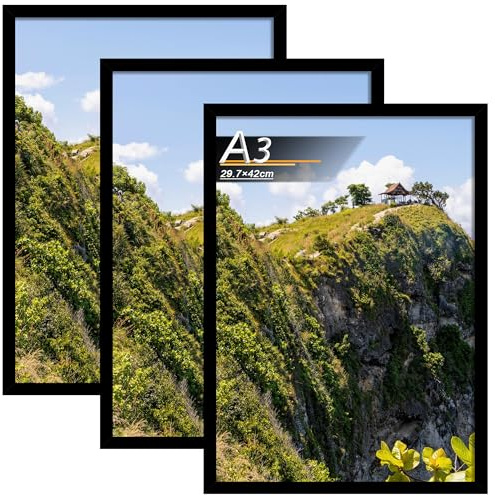 Tinkeps Bilderrahmen A3 Schwarz 3er Pack, MDF | Bilderrahmen für Fotos, Poster, Kunstbilder, Wandmontage, Hoch- und Querformat, mit Acrylplatte, Zuhause, Büro, Galerie