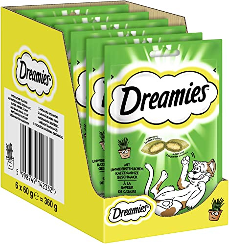 DREAMIES Katzensnacks - 6x60g - mit Katzenminze - Traumhaft knusprige Katzen Leckerlies mit zarter Füllung