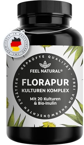 Florapur Kulturen Komplex 180 magensaftresistente Kapseln - 3 Monatsvorrat | 20 Bakterienkulturen & Bio Inulin - 20 Mrd. KbE je Tagesdosis - Milchsäurebakterien, Bifidobakterien - vegan
