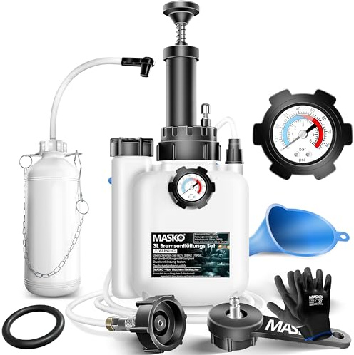 MASKO® Bremsenentlüftungsgerät Auto Bremsentlüfter KFZ Bremsflüssigkeits-Wechselgerät 3L für Scheibenbremsen & Trommelbremsen mit Handpumpe & 1L Absaugbehälter für E20, Adapter, Schlauch & Zubehör