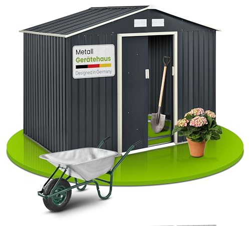 Juskys Metall Gerätehaus XL 9m³ mit Satteldach, Schiebetür & Fundament - 277 x 191 x 192 cm - anthrazit - Geräteschuppen Gartenhaus Metallgerätehaus
