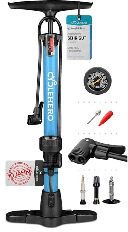 Fahrradpumpe alle Ventile * Test SEHR GUT - 10 Jahre GARANTIE * Leistungsstarke Luftpumpe Fahrrad– Fahrradpumpe Französisches Ventil - Standpumpe mit Manometer - Pumpe Standluftpumpe