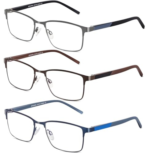 DJOLENSA 3er-Pack Lesebrillen für Männer, Blaulicht-Blocker, Computer-Lesebrille Herren, Metallrahmen mit Federscharnier & Etuis, schützt gegen Ermüdung/blendendes Licht/UV-Licht (Stärke +2.0