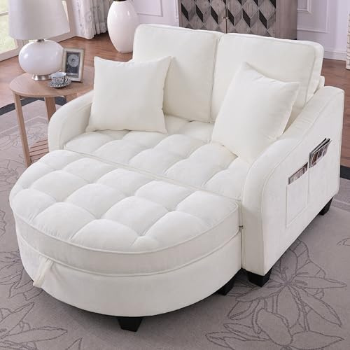 A ALFRESCOOL Sofa mit Schlaffunktion, Sofa Klein, Chaiselongue, 2-in-1 Schlafsofa, Aufbewahrungs-Hocker & 4 Kisse, für Kleine Wohnzimmer, Studienzimmer, Schlafzimmer, 132×129×93cm (Beige)