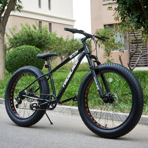 LSBIKE 26 Zoll Erwachsene Mountainbike,Männer und Frauen 7-Gang MTB Fahrräder, 26*4 Zoll Dicke Reifen Bike,Frontfederung und Doppelscheibenbremsen,Schwere Erwachsene Fahrrad, 90% Vorgeladen(Schwarz)