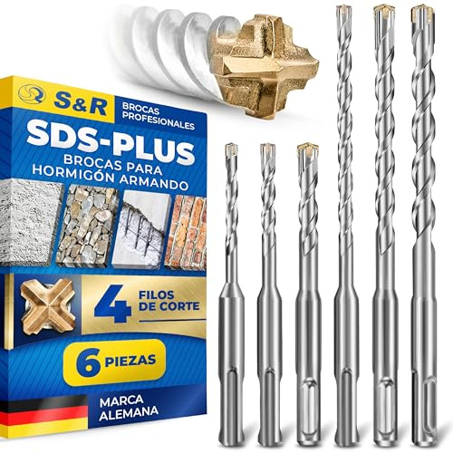 S&R Steinbohrer Set, SDS-Plus Bohrer Set, 6-tlg (5-10mm), Betonbohrer, SDS Bohrer mit 4-Kant-Hartmetallspitze, Rundlaufgenauigkeit und Korrosionsschutz für Beton, Ziegel, Natur- und Kunststein