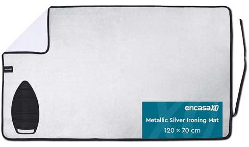 Encasa XO Bügelmatte/Bügelkissen - Metallic-Silber (groß 120x70 cm) mit 5 mm Schaumstoffpolsterung & Silikon-Bügeleisenauflage zum Dampfbügeln auf Tischplatte oder Bett - wärmereflektierend