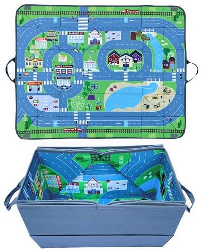 HECKBO 4-in-1 Auto Organizer und Spielteppich - Kinder Spielzeug-Aufbewahrungsbox - Faltbare Spielmatte mit Straßenmotiv - Sichere Befestigung im Auto, 91cm x 72cm