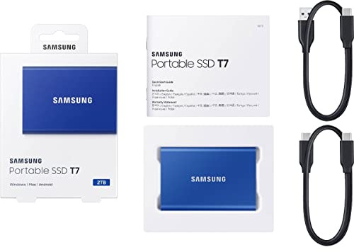 Samsung Portable SSD T7, SSD 2 TB, USB 3.2 Gen.2, 1.050 MB/s Lesen, 1.000 MB/s Schreiben, Externe SSD-Festplatte für iPhone 15 und neuer, Mac, PC, Smartphone und Spielkonsole, Blau, MU-PC2T0H/WW